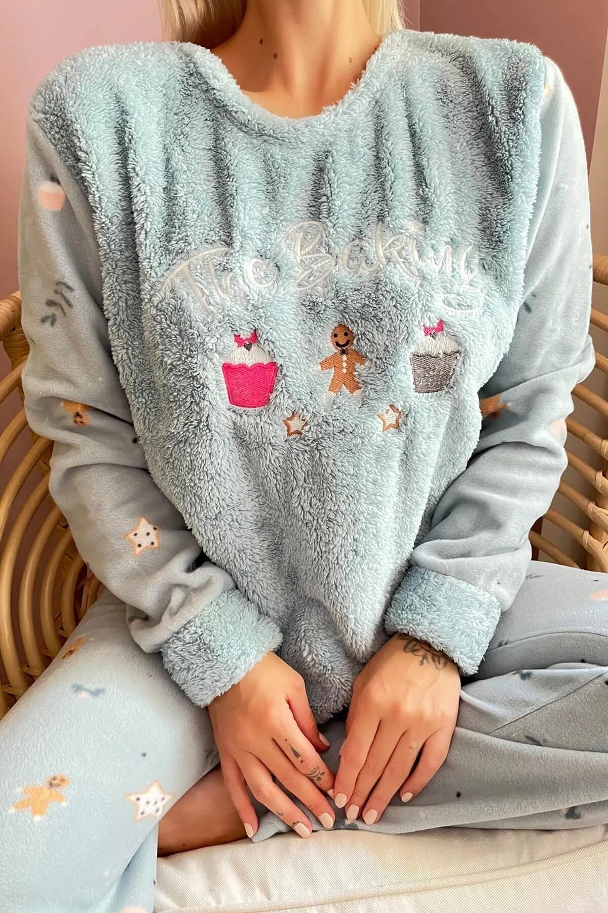 Pijamaevi  Mintgrünes, gemustertes Back-Pyjama-Set für Damen aus Plüsch