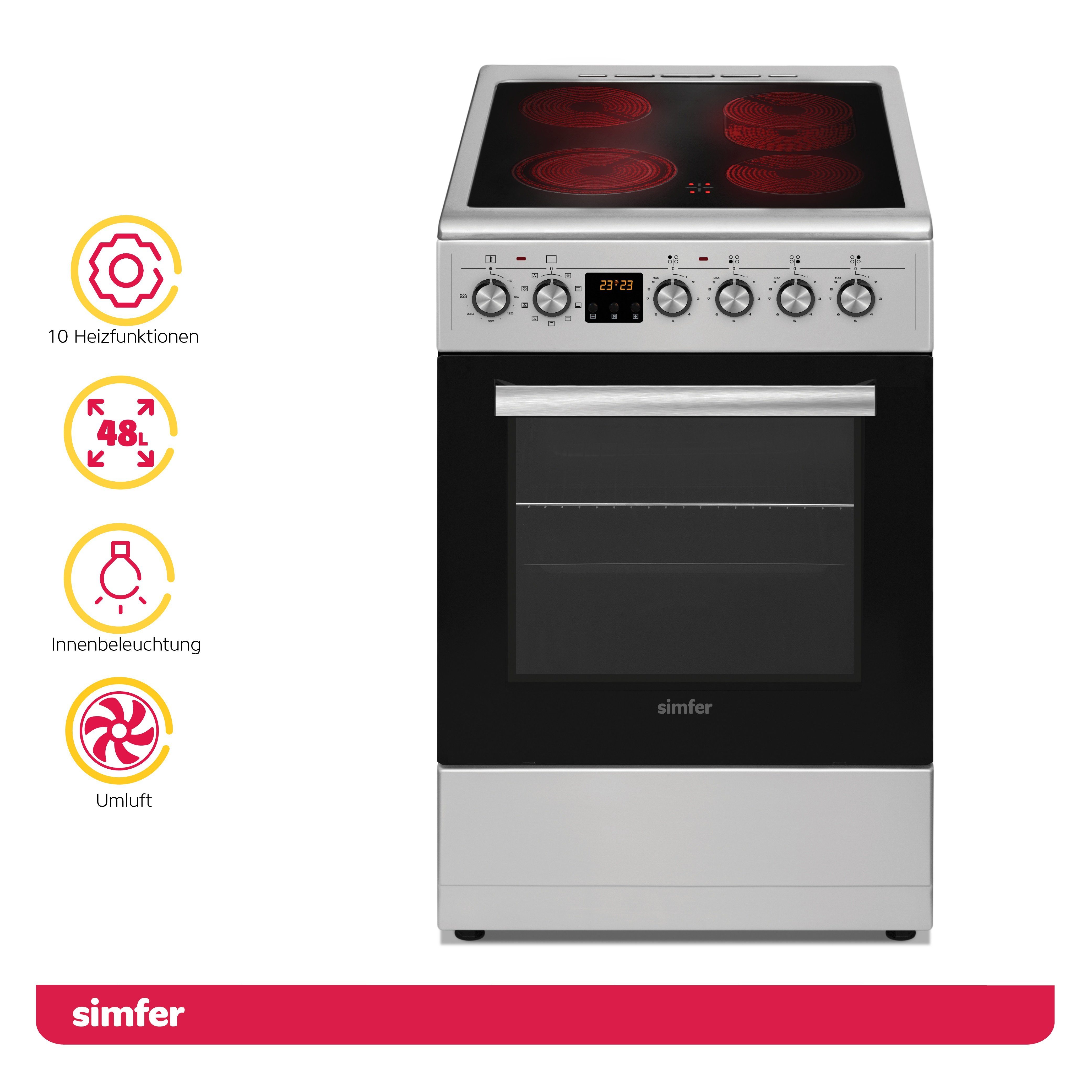 Simfer Elektro-Standherd SMF-FS 4249, 50 cm Herde mit 4x Glaskeramikkochfeld, 47 Liter, mit 1-fach-Teleskopauszug, Zweikreis&Bräterzone, 4 Hilight-Zonen, Teleskopauszug, Digitaler Timer