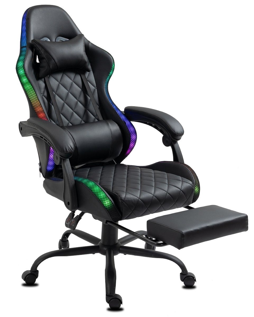 Delman Gaming-Stuhl Bürostuhl Gaming Stuhl mit LED, RGB Beleuchtung, Drehstuhl, dicke Polsterung, Metallfußkreuz, Fußstütze 02-0055