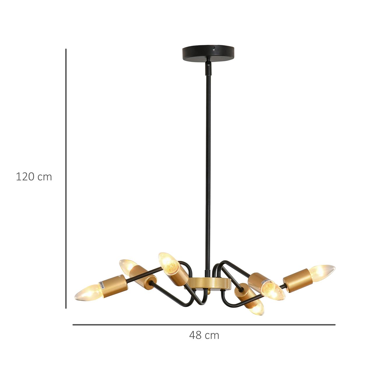 HOMCOM Kronleuchter Hängelampe 6-flammig höhenverstellbar Pendelleuchte Deckenleuchte Industrial mit E27 Lampenfassung für Wohnzimmer Schlafzimmer Metall Schwarz Gold Ø48 x 120 cm