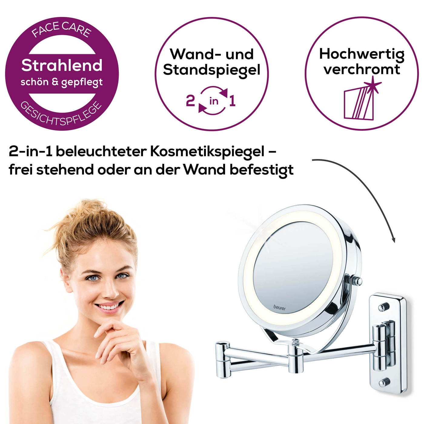 Beleuchteter Kosmetikspiegel BS 59-2-in-1 Wand- und Standspiegel beleuchtet mit 5-fach Zoom