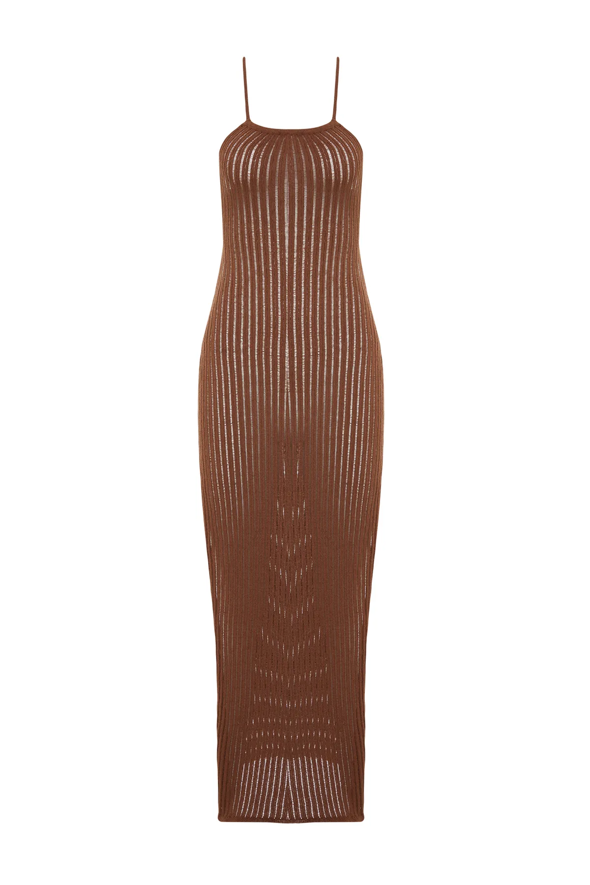 Trendyol Collection  Braunes tailliertes Maxi-Strandkleid mit gestrickter Rückseite und tiefem Ausschnitt in Strickoptik TBESS24EL00054