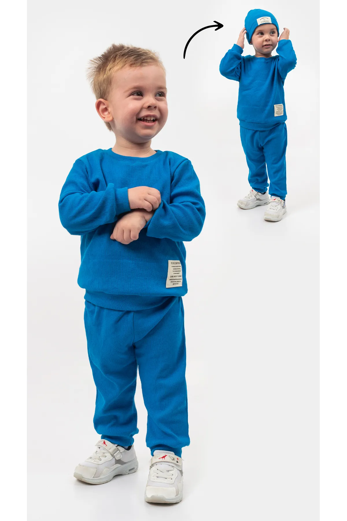 Bubito  Unisex-Mütze mit Wappendetail, 3-teiliges Set aus Oberteil und Unterteil mit Kordelzug, blau