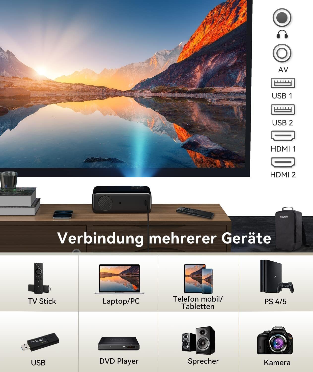 Diyarts LED-Beamer (10000:1, 1920 x 1080 px, 9500 Lumen 4K 1080P Projektor mit Drahtlos- & Bluetooth-Technologie)