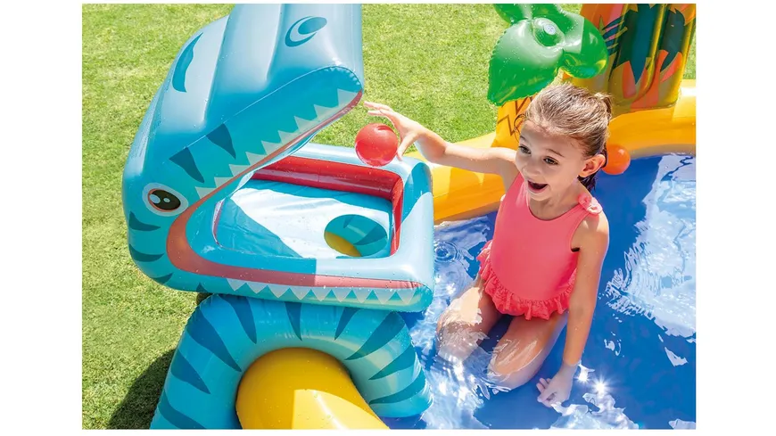 Intex - Dinosaurier Planschbecken mit Palmen-Wassersprühgerät und 6 Bällen