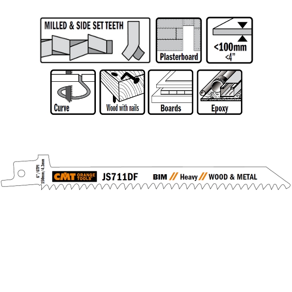 Lames de scie alternative CMT JS711DF-5 JS711DF 5 pièces Bimétal 150 mm x 1, 25 x 6 TPI Application : bois cloué, métal, panneaux de particules, profilés en plastique, plastique renforcé de fibres de verre, époxy, plaques de plâtre.