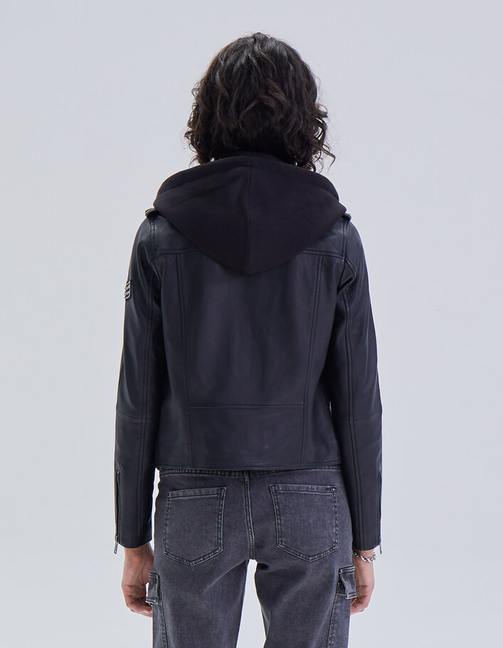 Blouson noir en cuir d'agneau à capuche amovible femme