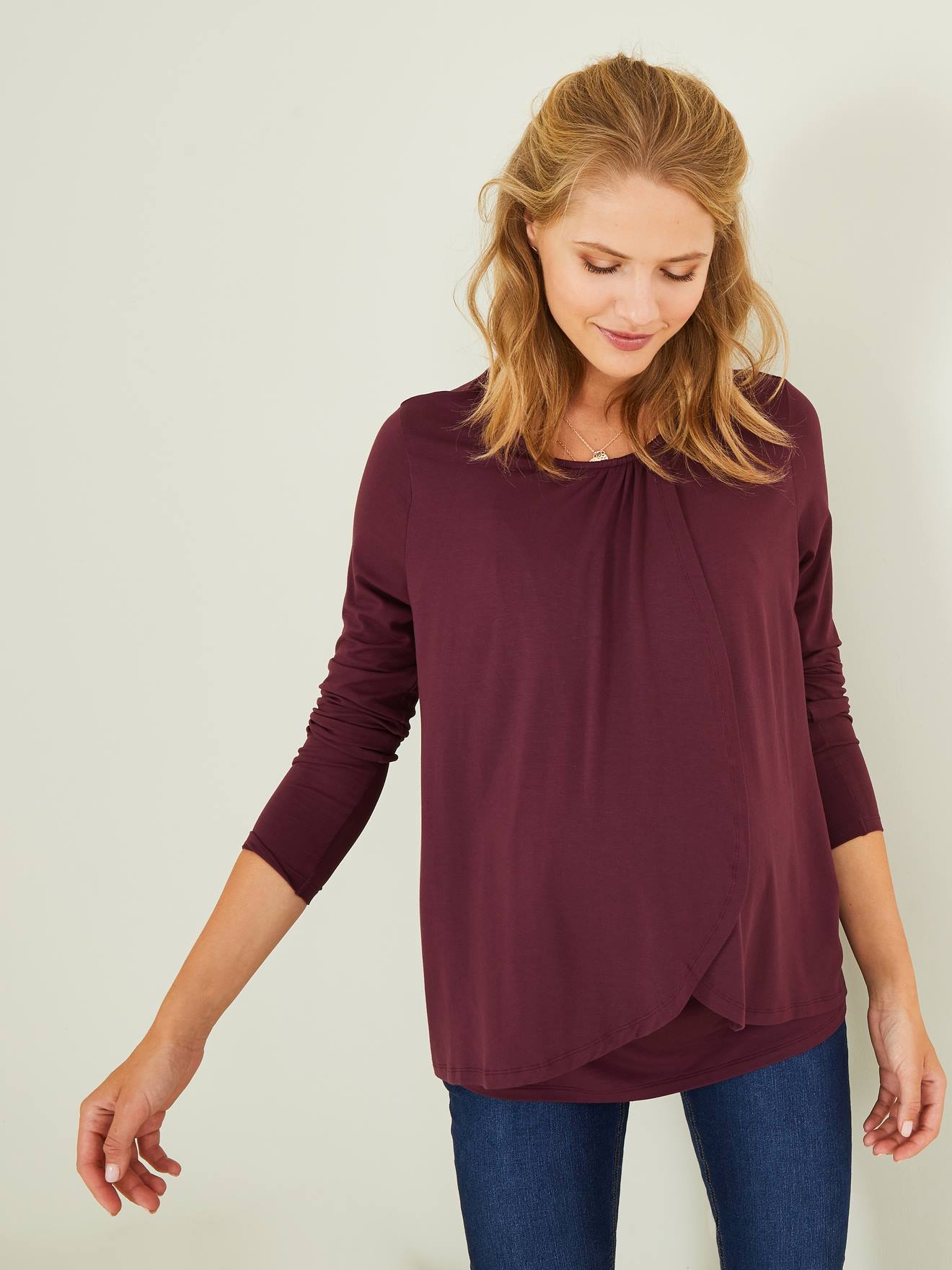 T-shirt grossesse et allaitement pans croisés aubergine