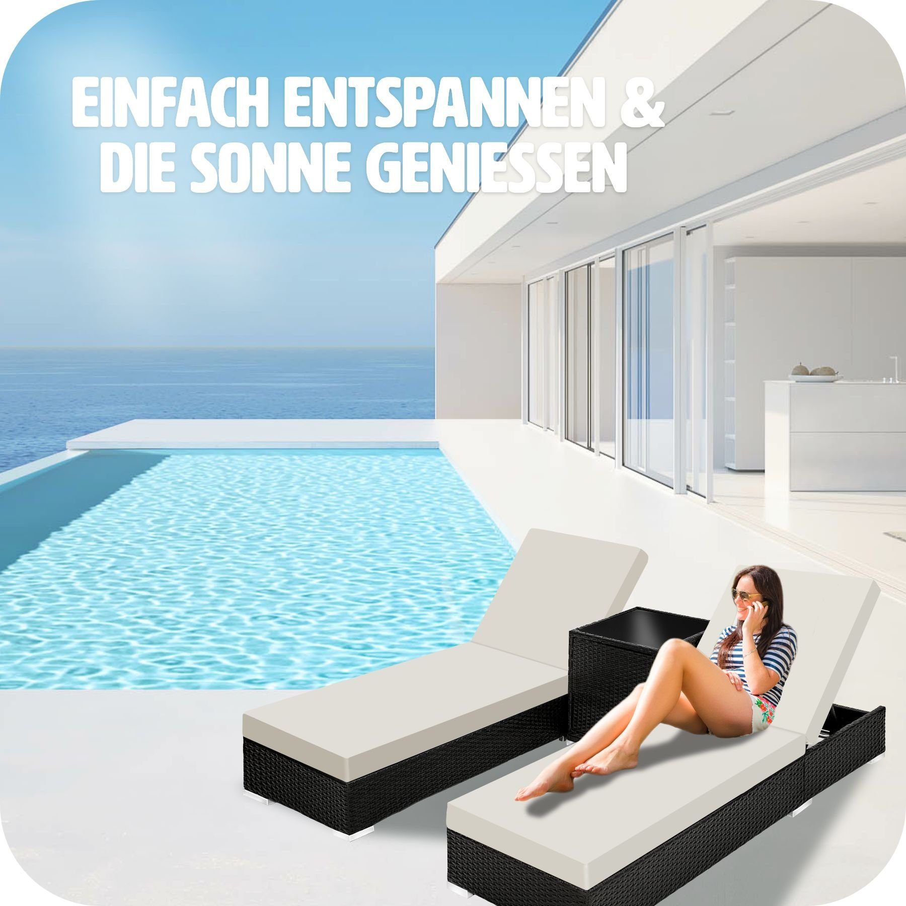 tectake Gartenliege 2 Sonnenliegen Rattan mit Aluminiumgestell und, 1, 1 St., 1tlg., Überdachung