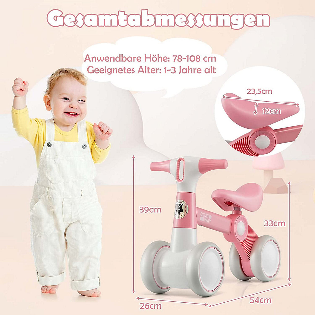 Laufrad ab 1 Jahr Lauflernrad ohne Pedal mit 4 Rädern