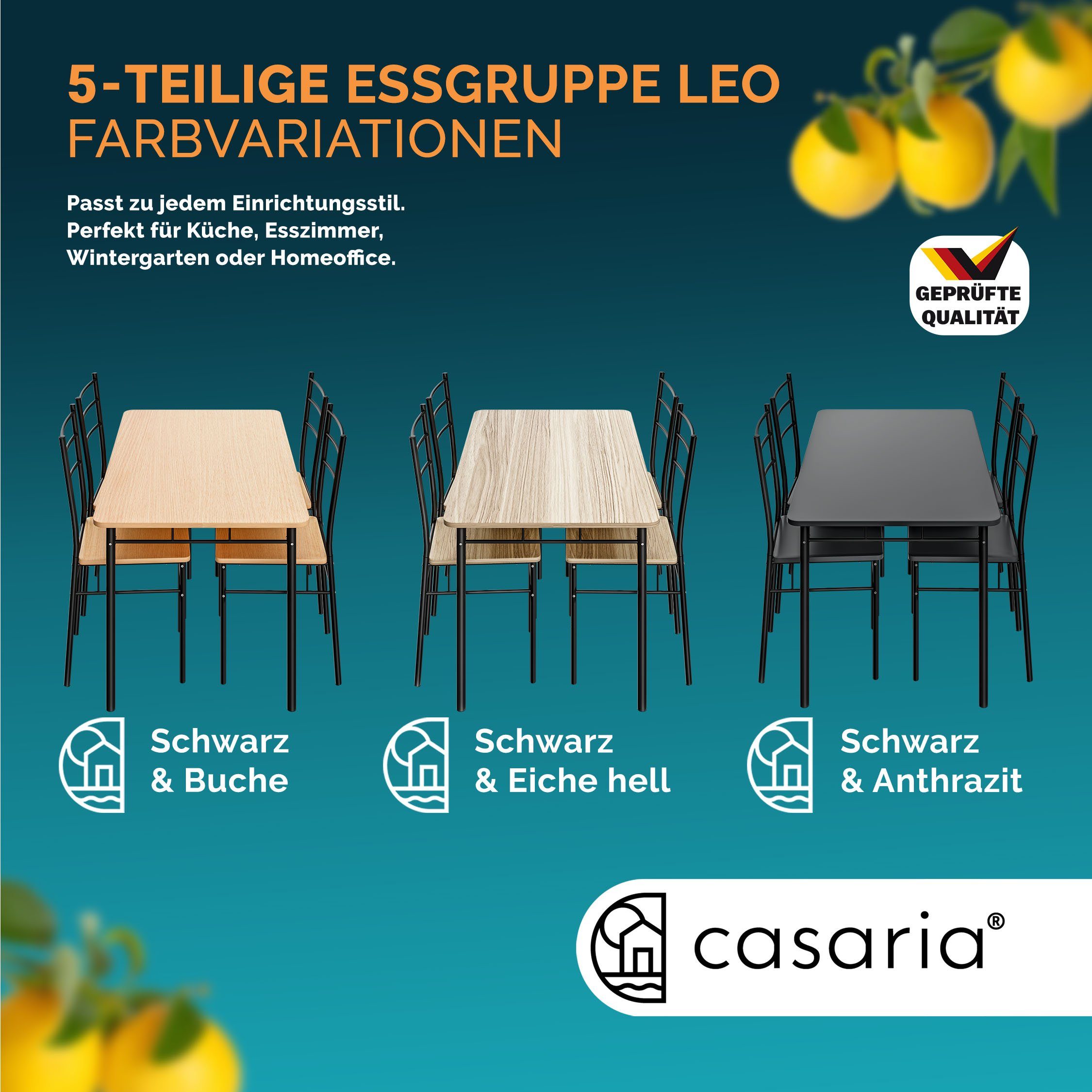 Casaria Essgruppe, mit 4 Stühlen Holz 5-tlg Set Metall 110x68cm Esszimmer