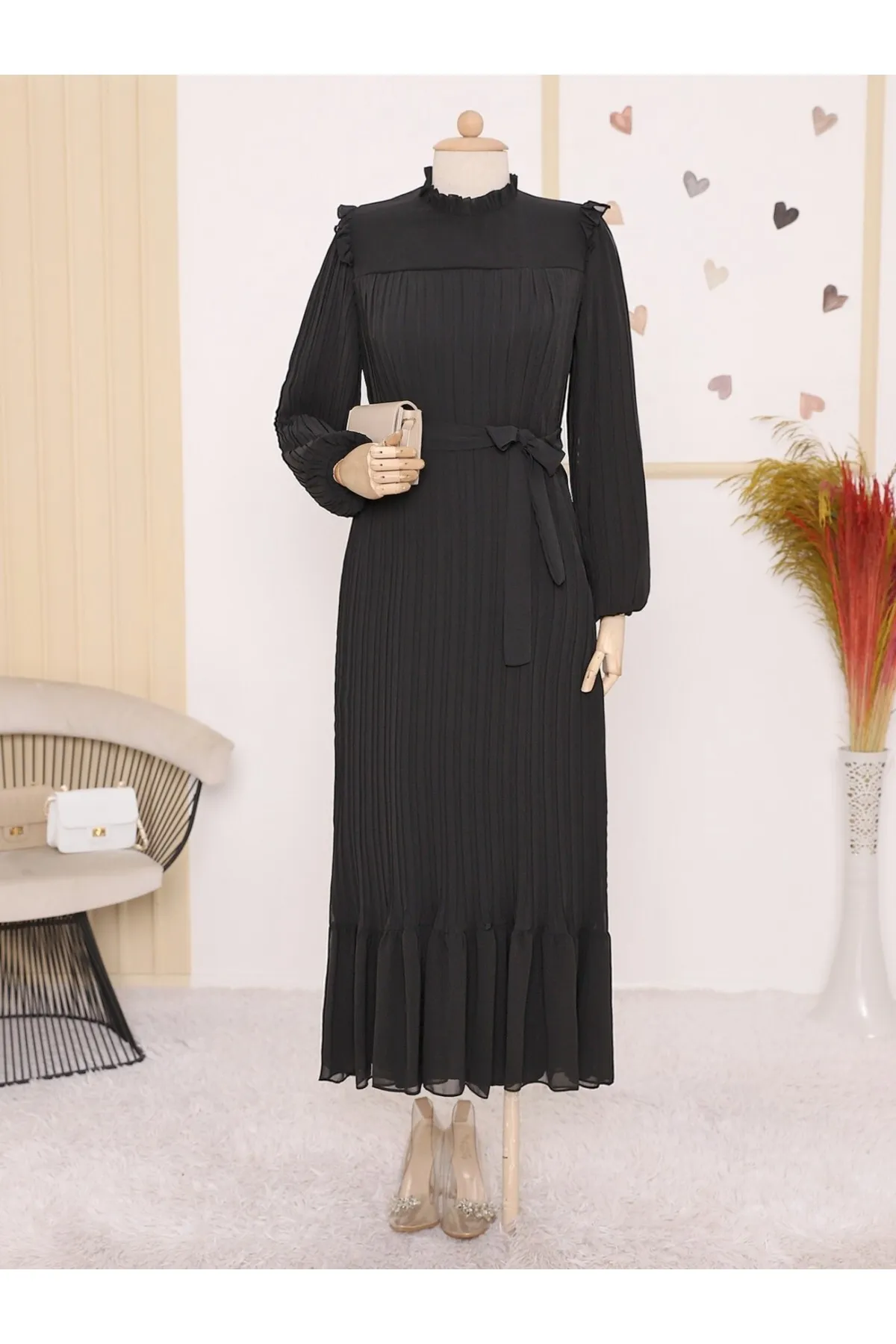 Modamorfo  Plissiertes Kleid mit vorderem Gewand, Ärmeln und Body