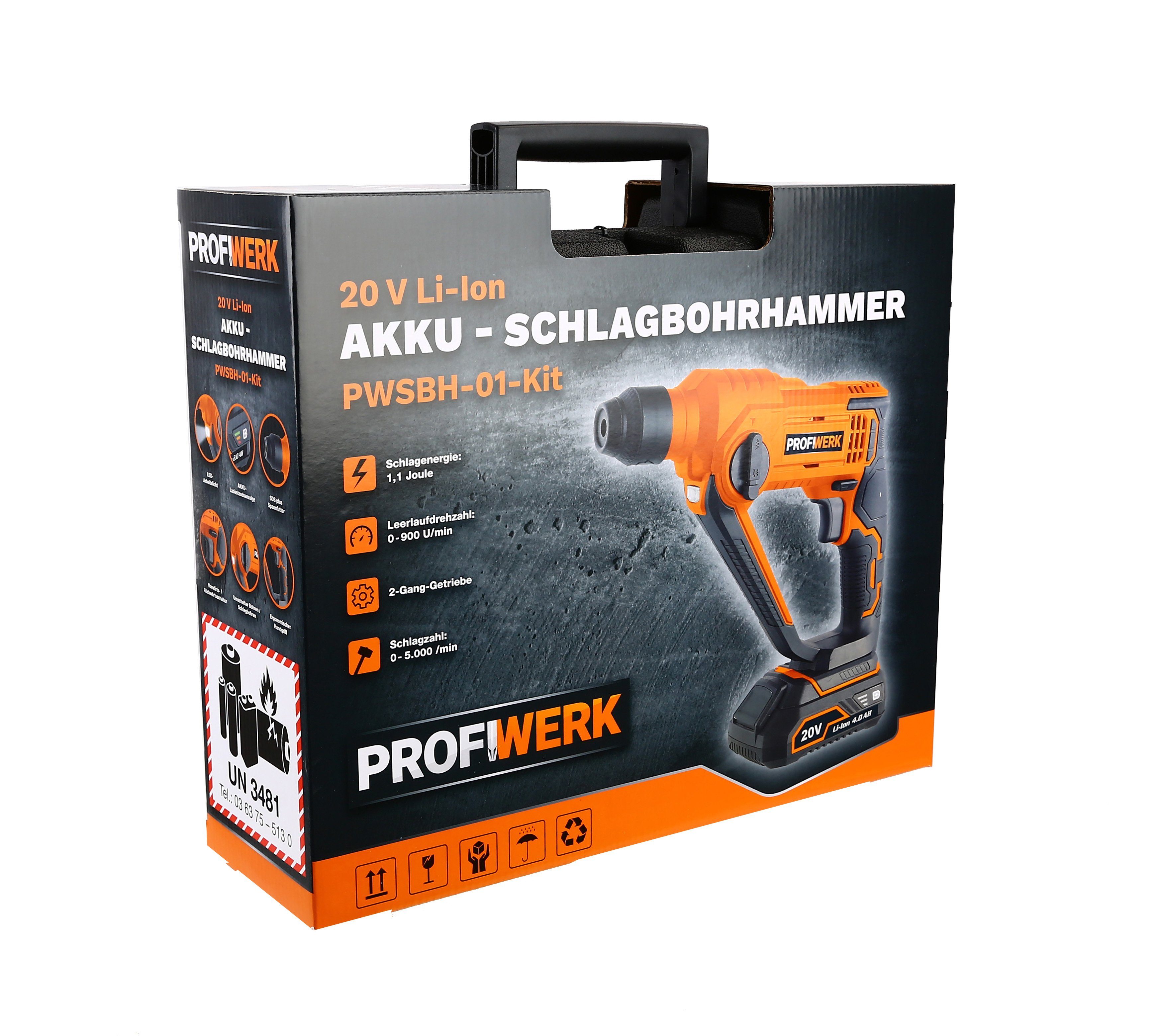 Profiwerk Akku-Schlagbohrmaschine PWSBH-01-Kit 20V, SDS plus, max. 900 U/min, max. Bohrleistung 16/8/10 mm, 4,0Ah Akku, Netzteil, Transportkoffer