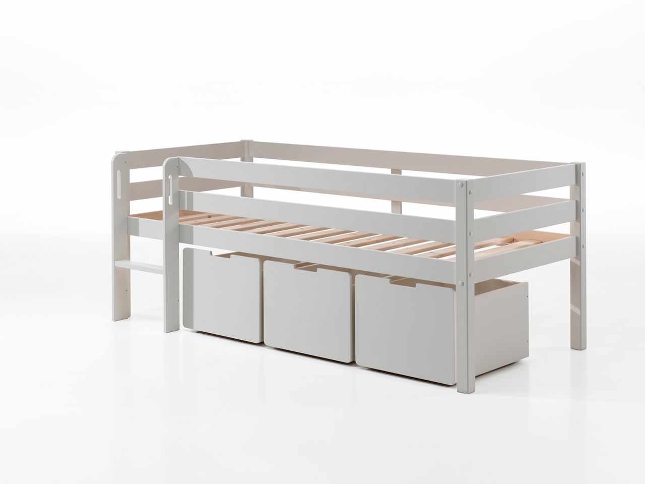 VIPACK Spielbett mit Liegefläche 90 x 200 cm, inkl. Leiter, Rolllattenrost und 3 Schubkästen, Kiefer und MDF weiß lackiert