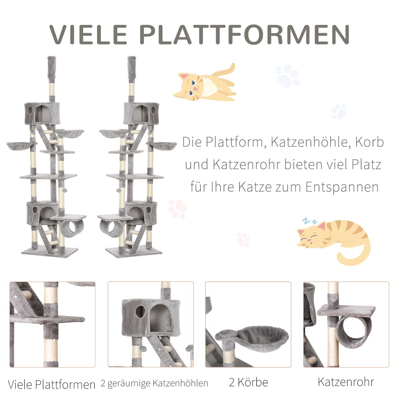 PawHut Katzenbaum Kratzbaum Kletterbaum deckenhoch verstellbar Hellgrau
