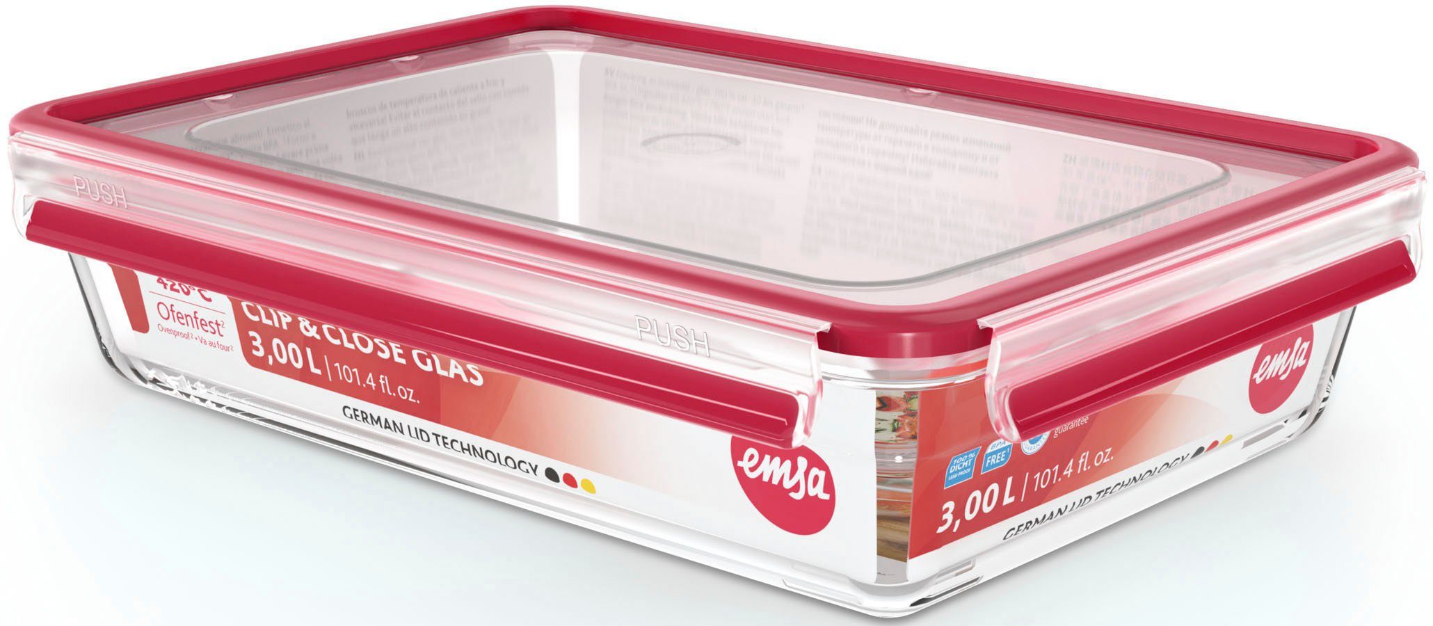 Emsa Frischhaltedose Clip & Close Glas, Glas, Kunststoff, (1-tlg), 3L, stapelbar, gefrier-, backofen-, mikrowellen- und spülmaschinenfest