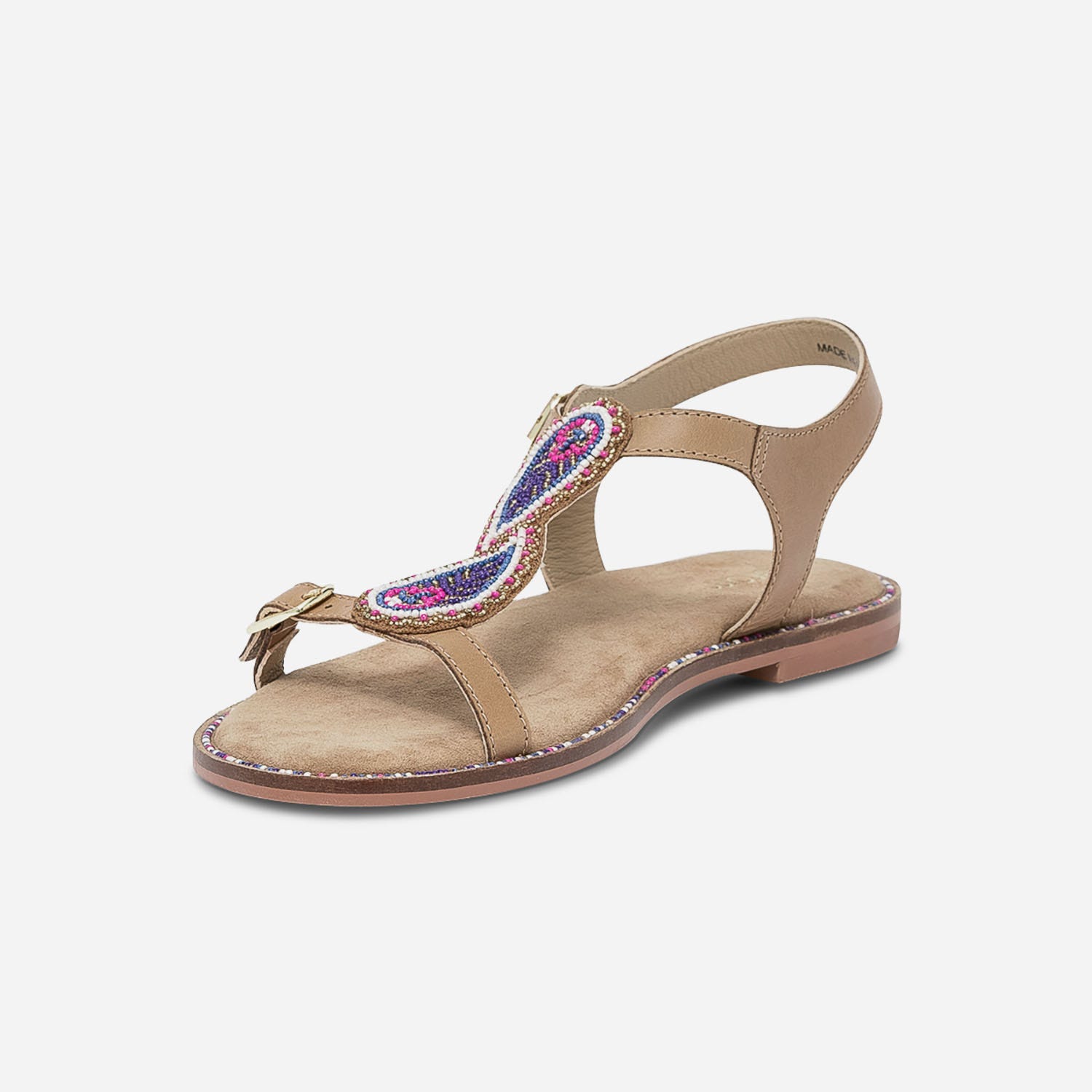Sandale camel en cuir à plastron perlé