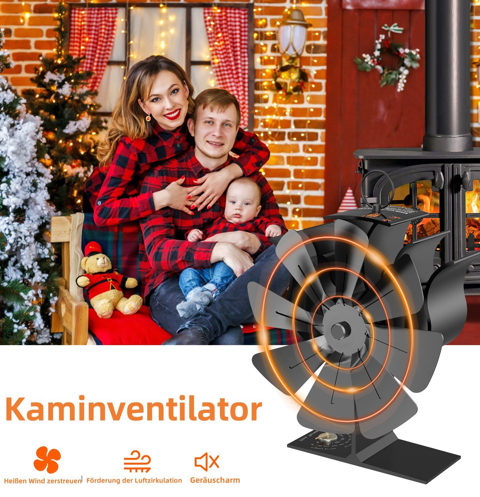 BlingBin Kaminventilator Leiser Stove Fan Wärmebetriebener Ventilator 8 Flügel, Mit Integriertes Thermometer und Isolierhandschuhe