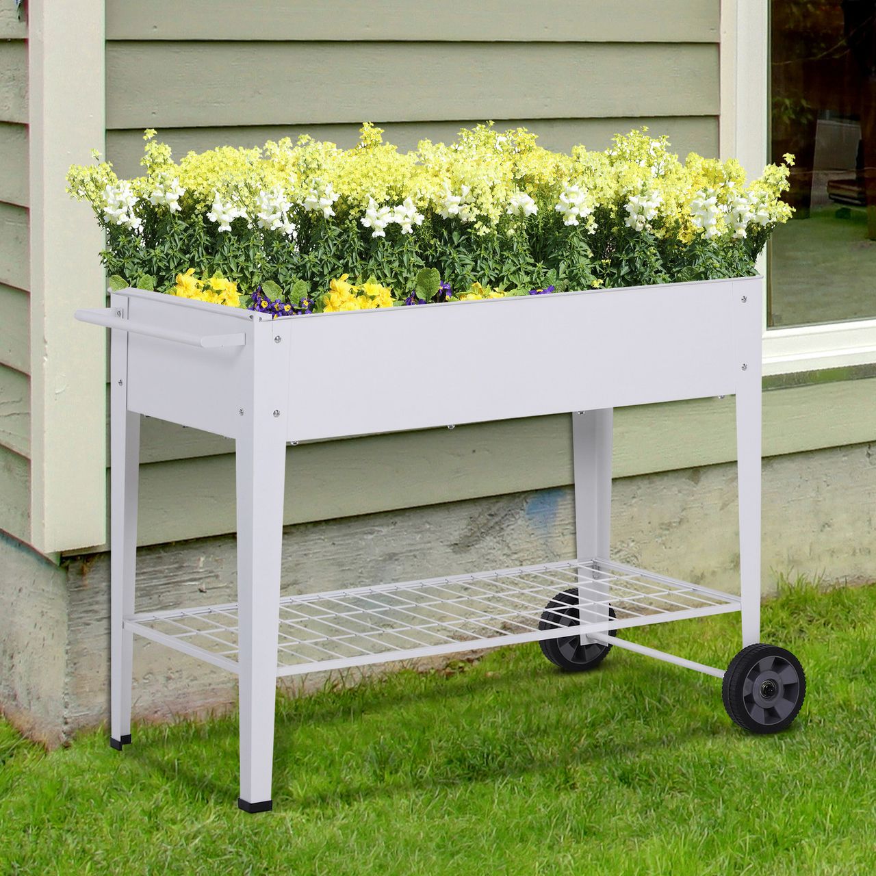 Outsunny Hochbeet Mobiler Pflanzenwagen mit Stauraum Pflanzenbeet mit 2 Rollen Metall Weiß 107,5 x 50 x 80 cm