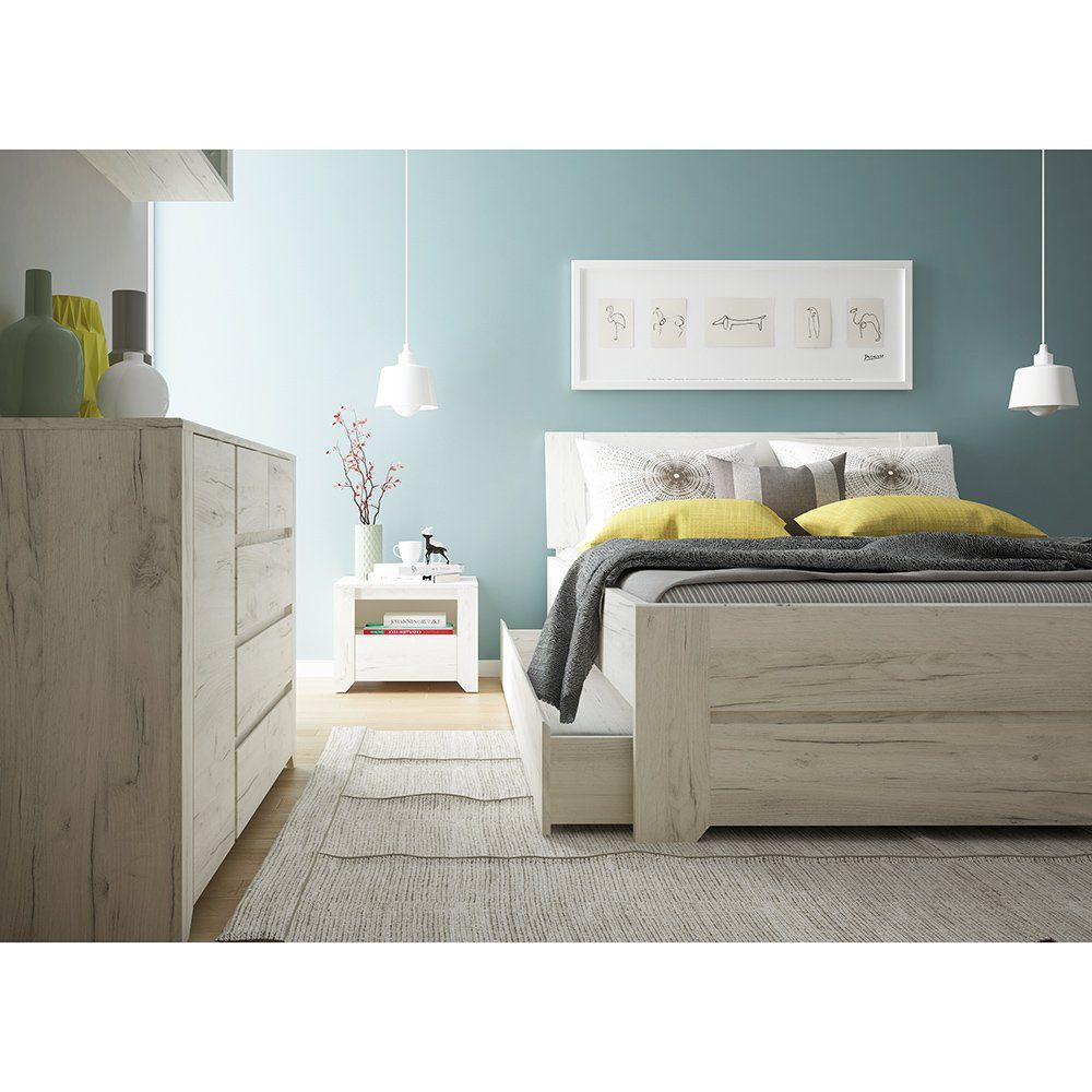 Lomadox Schlafzimmer-Set AMANTEA-129, (Spar-Set, 6-St), mit Bett 140x200cm, Craft Eiche weiß