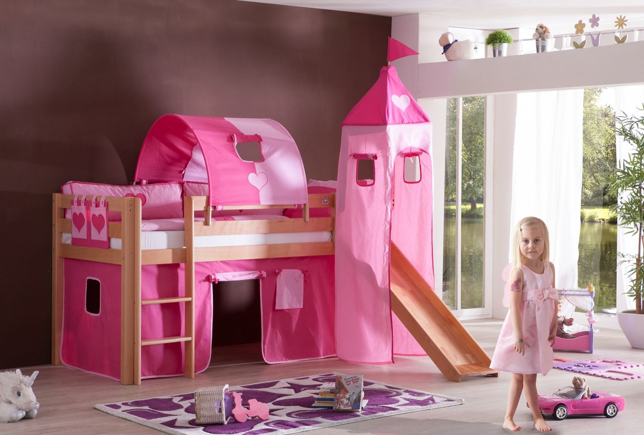 Relita Halbhohes Spielbett ALEX mit Rutsche/Turm/Tunnel Buche massiv natur lackiert mit Stoffset pink/herz