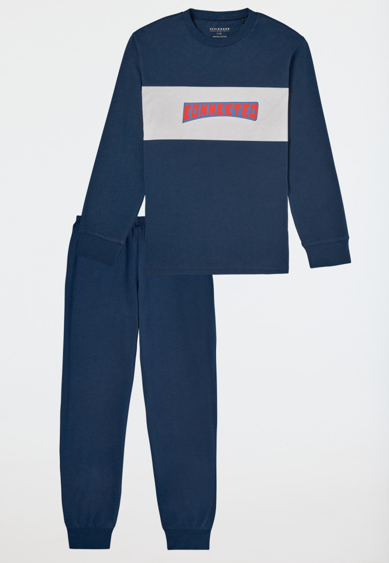 Schlafanzug lang Motivdruck blau - Nightwear