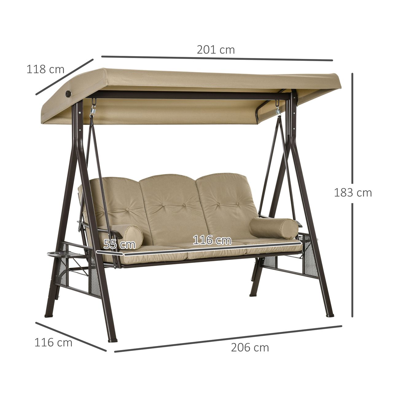 Outsunny 3-Sitzer Hollywoodschaukel Gartenschaukel mit Sonnendach Kissen Metall Polyester Grau 116 x 206 x 183 cm