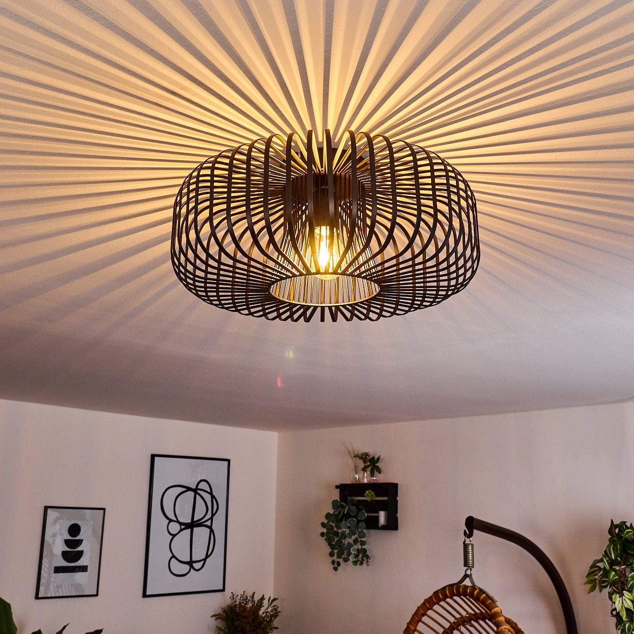 hofstein Deckenleuchte Pieris runde Deckenlampe aus Metall in Schwarz, ohne Leuchtmittel, E27, Retro-Leuchte mit Lichteffekt durch Gitter-Optik