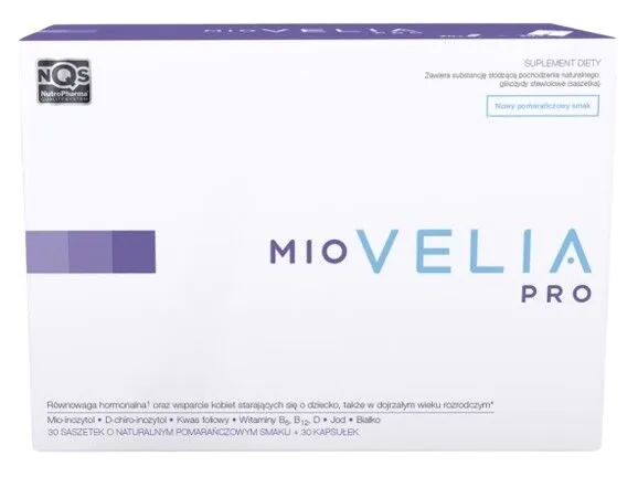 Miovelia Pro, et præparat der understøtter kvindelig fertilitet, breve og kapsler