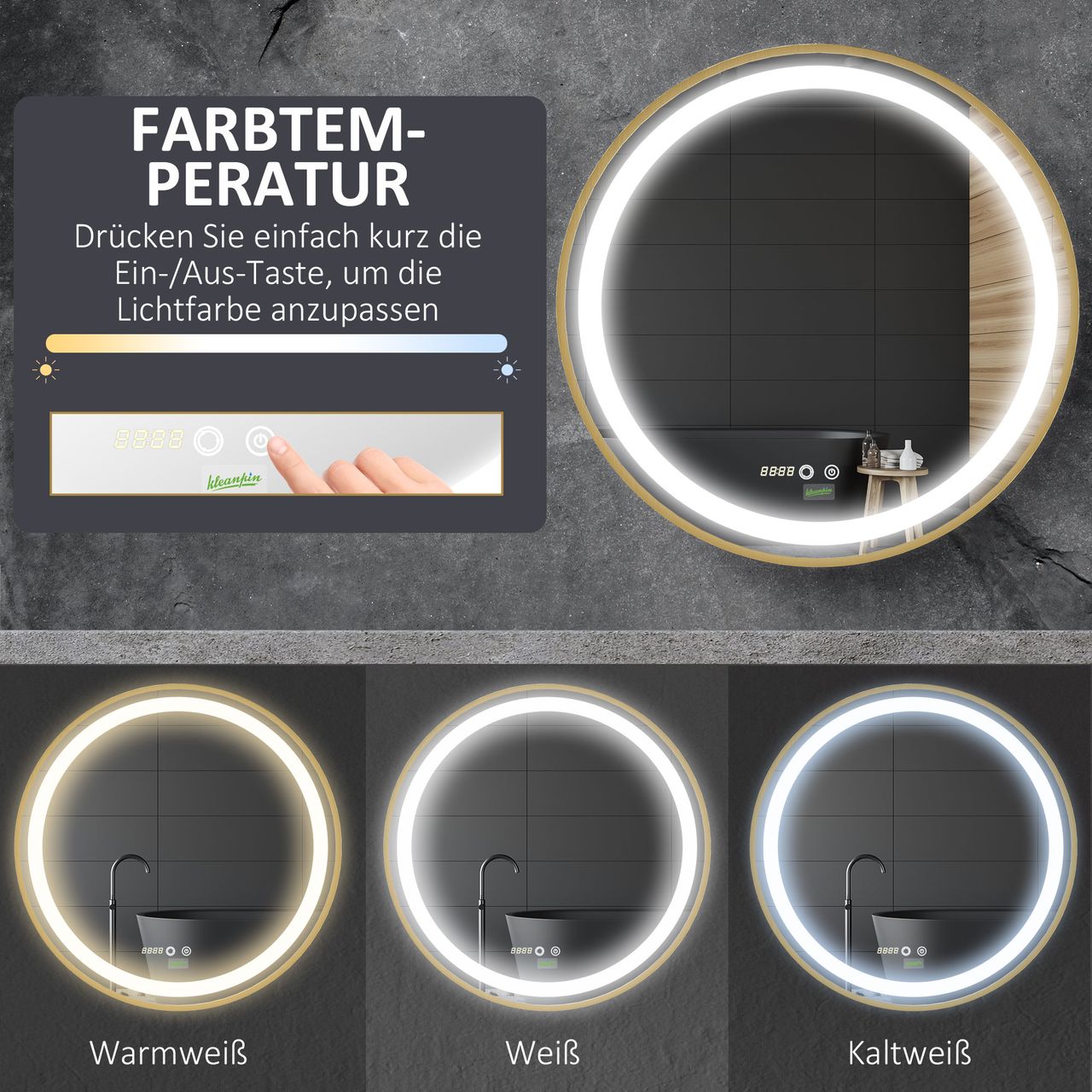 kleankin Badspiegel Wandspiegel mit LED-Leuchte Dimmbarer Badezimmerspiege, IP44