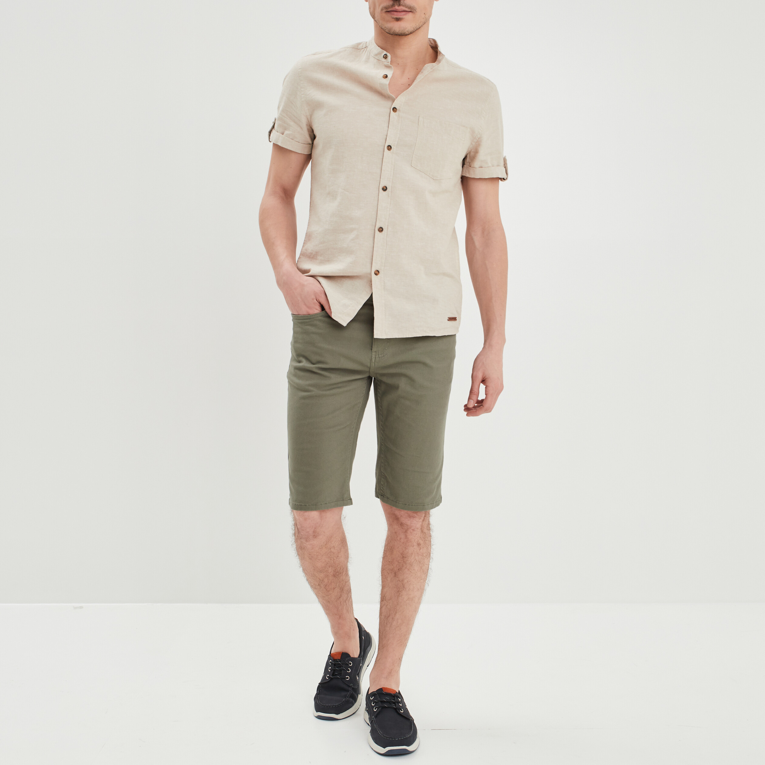 Bermuda droit stretch 5 poches coton vert kaki homme | La Halle