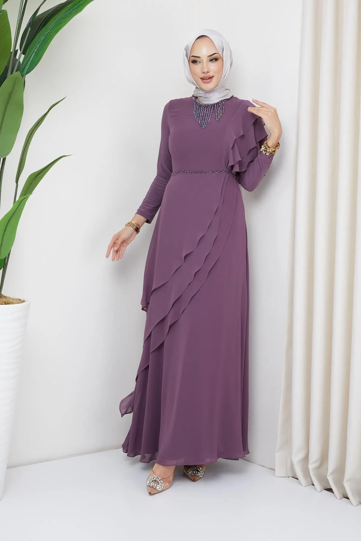 Olcay  Abendkleid aus Chiffon mit Hijab und Perlenverzierung, LILA 1652