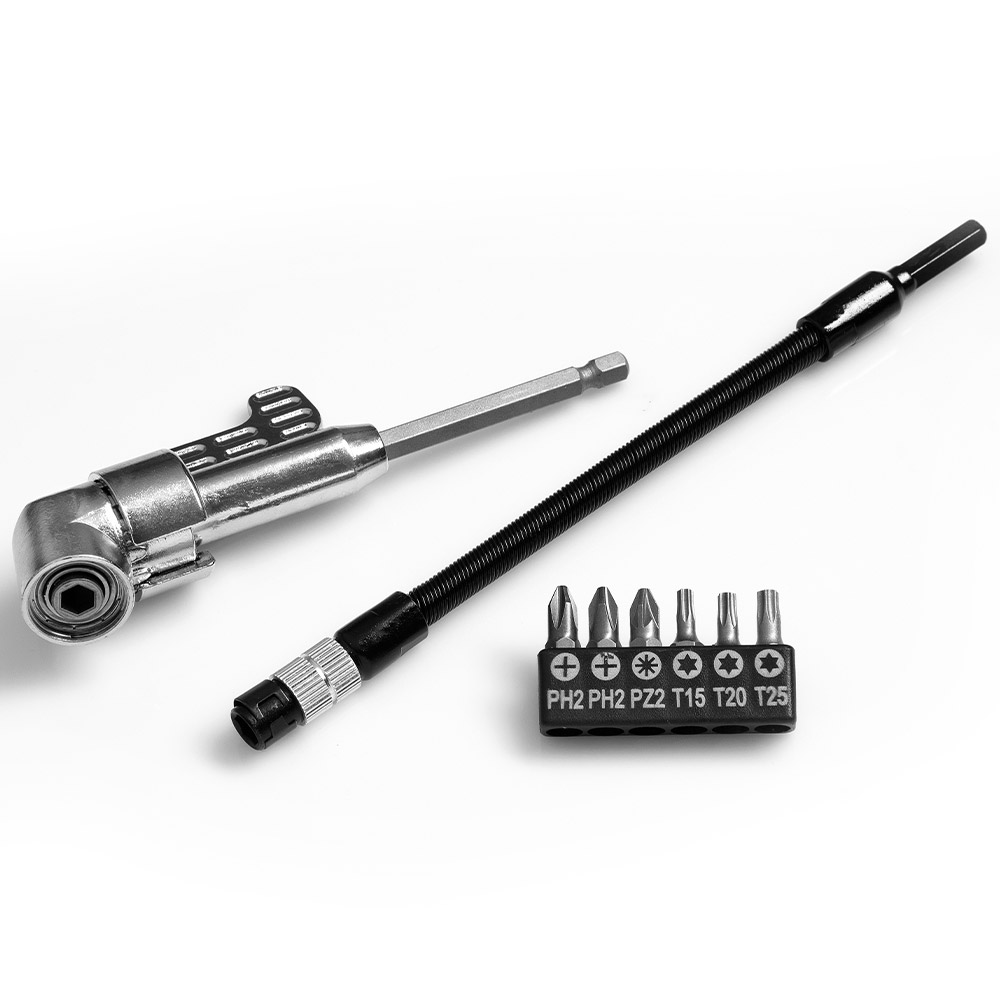 Kraft Werkzeuge Winkelschraubvorsatz und flexibler Bit-Halter - 8tlg.