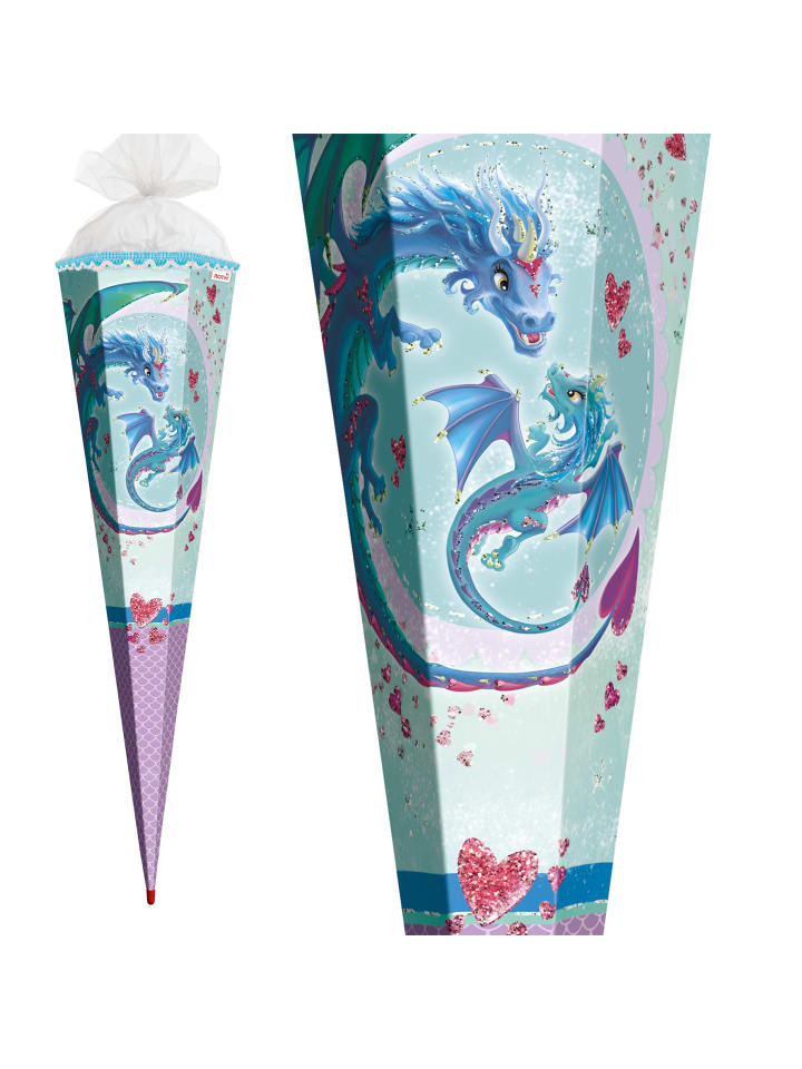 ROTH Schultüte groß Drachenliebe 85 cm, Glitter Pailettenborte in Hellblau günstig kaufen onesize