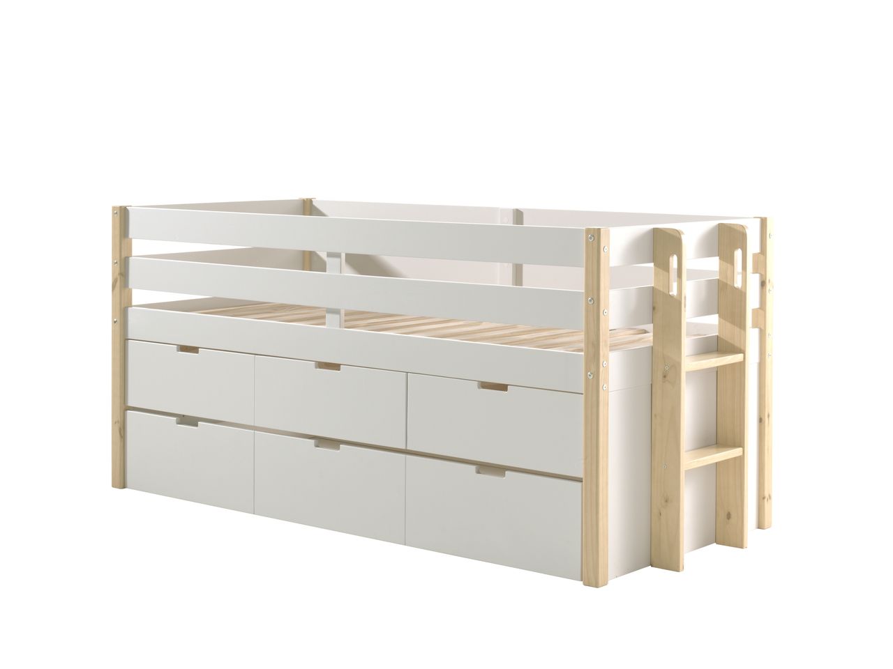 VIPACK Halbhohes Margrit Bett mit Rolllattenrost, Liegefläche 90 x 200, inkl. 3 Schubladen, inkl. Bettschublade auf Rollen, Ausf. Weiß lackiert, Bettpfosten Kiefer natur lackiert