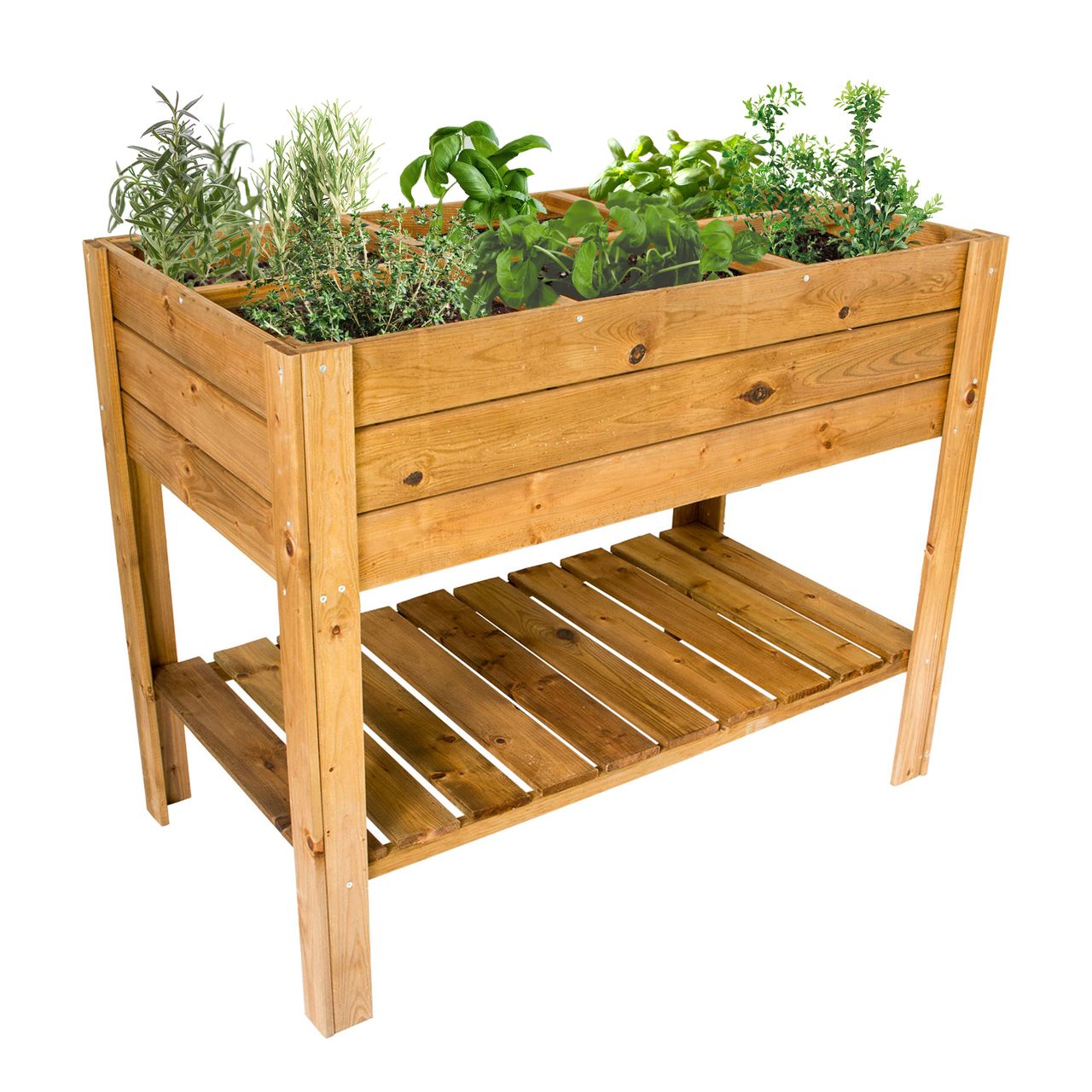 Lemodo Hochbeet aus Holz mit Ablage, Pflanzkasten 110 x 60 cm, Kräuterbeet mit 6 Pflanzzonen