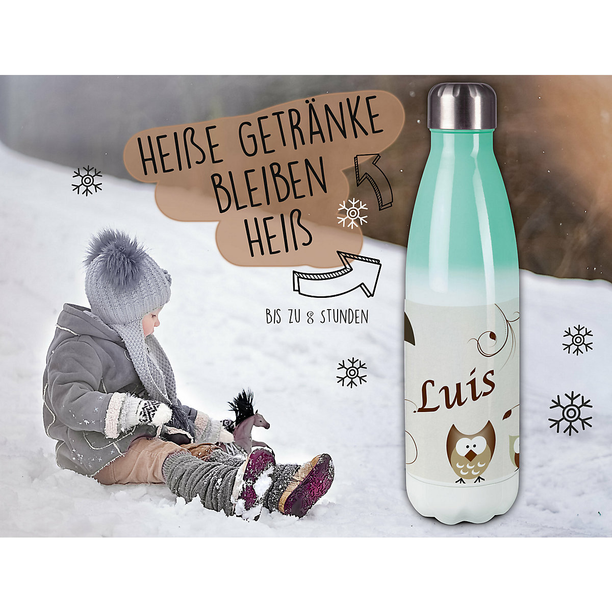 Edelstahl Kinder Thermoflasche / Trinkflasche bunt Eule Farbe beige Spülmaschinenfest, Auslaufsicher, Bruchfest, Doppelwandig, Für Heißgetränke geeignet, Mit Deckel, Isoliert