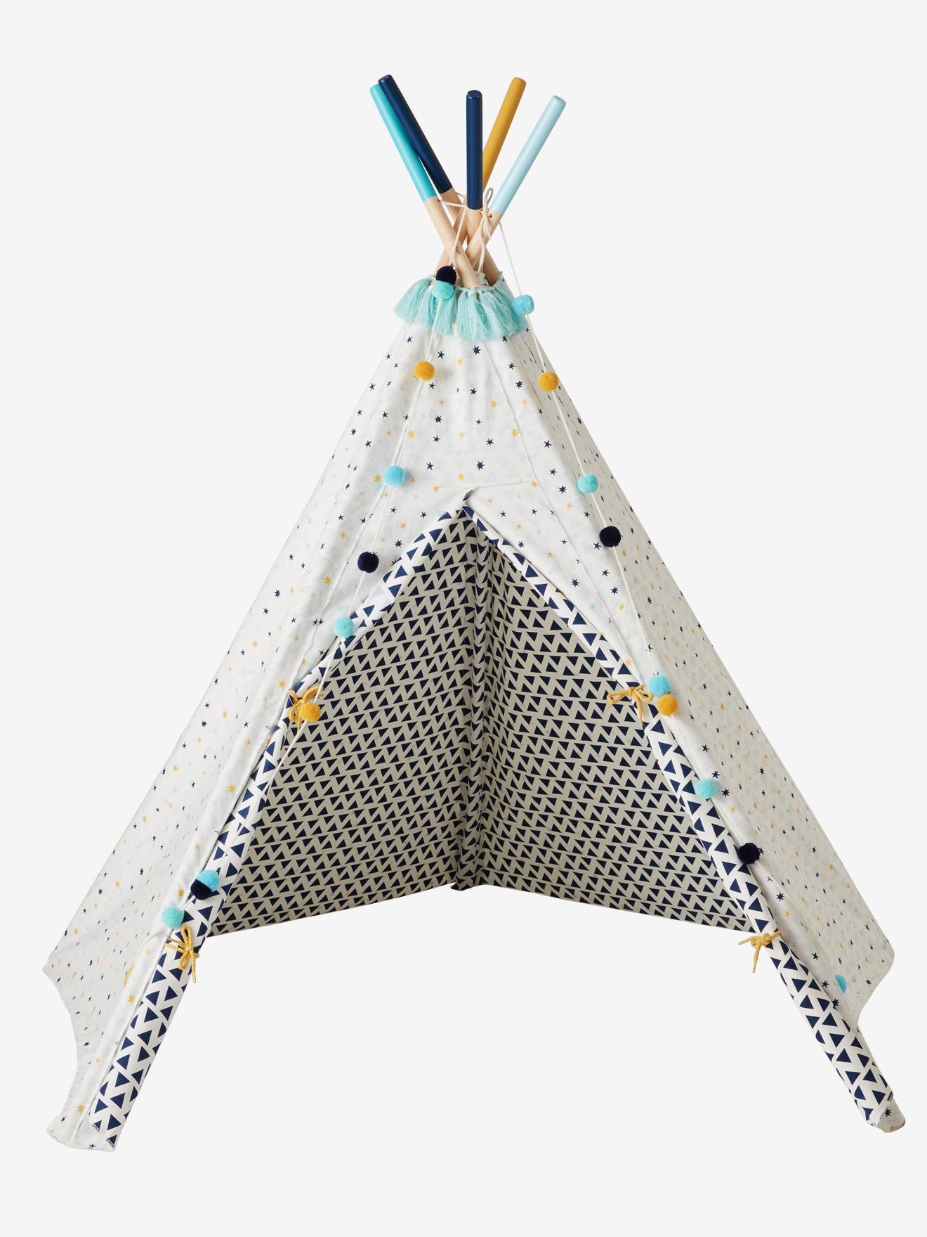 Vertbaudet Kinder Spielzelt SIOUX, wendbares Tipi mit Holzstangen, FSC - weiß/blau bedruckt