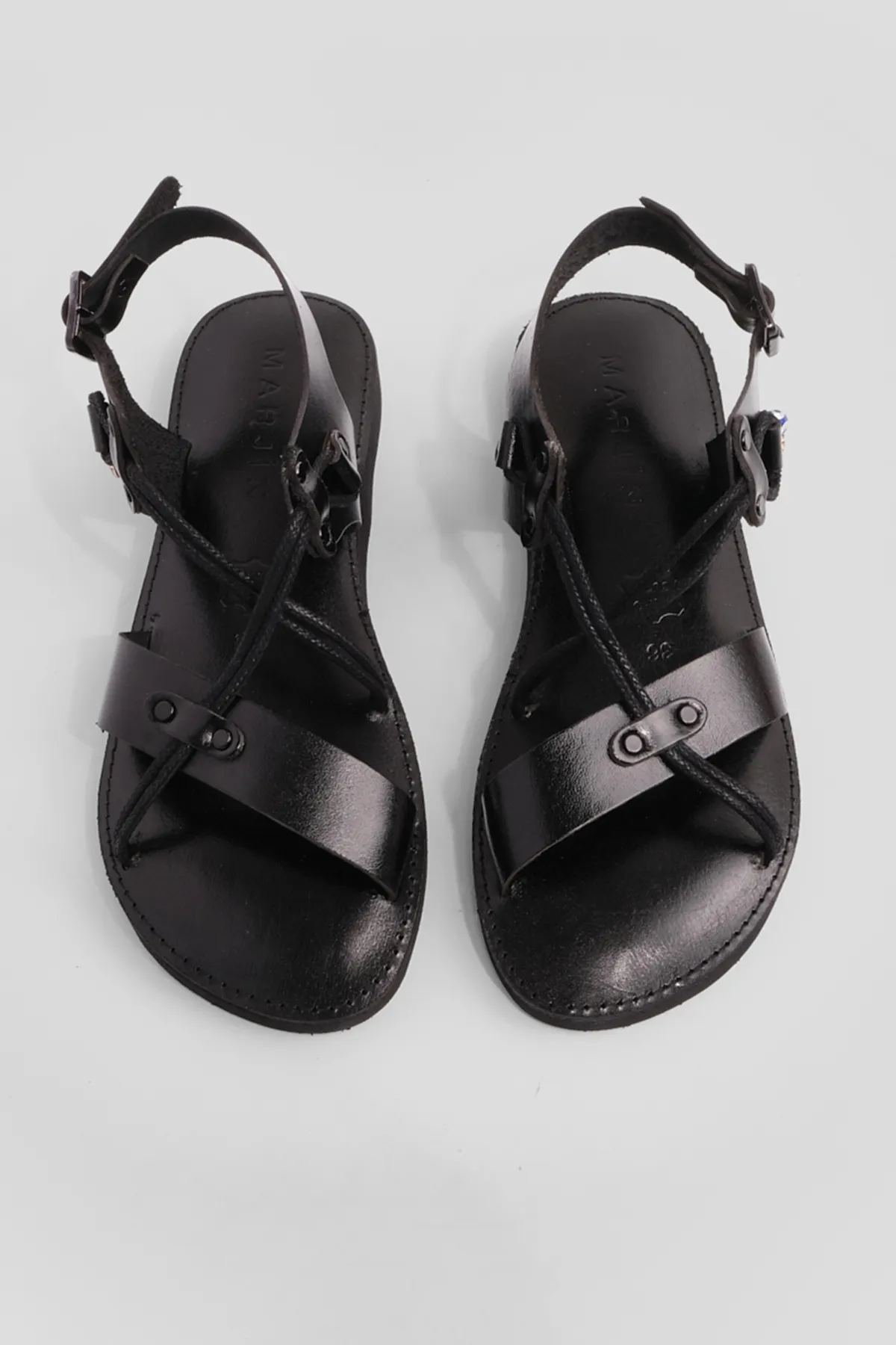Marjin  Damen-Accessoire aus echtem Leder, Eva-Sohle, Kreuzseil, detaillierte Alltagssandalen, Katre, Schwarz