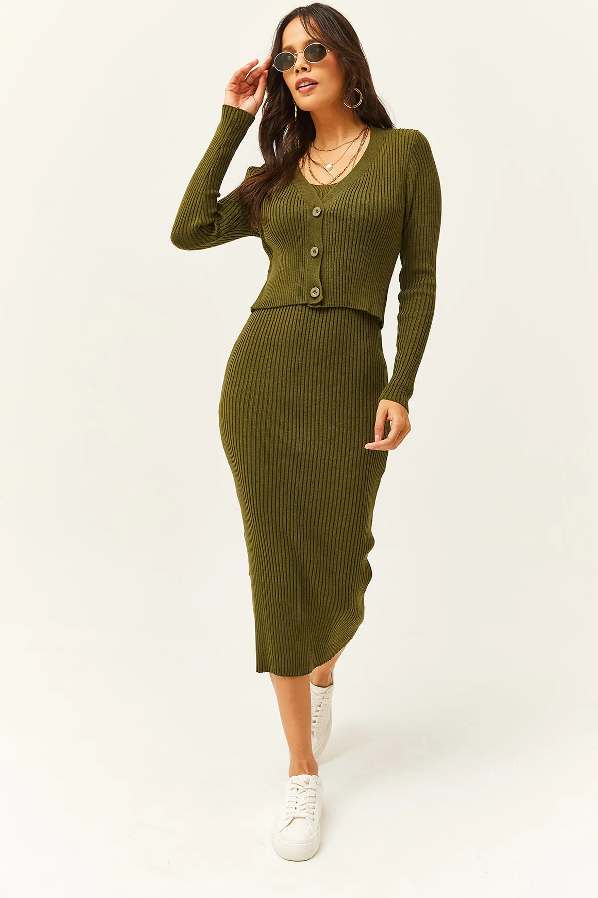 Olalook  Damen-Khaki-Kleid-Cardigan, zweiteiliger Strickanzug TKM-19000223