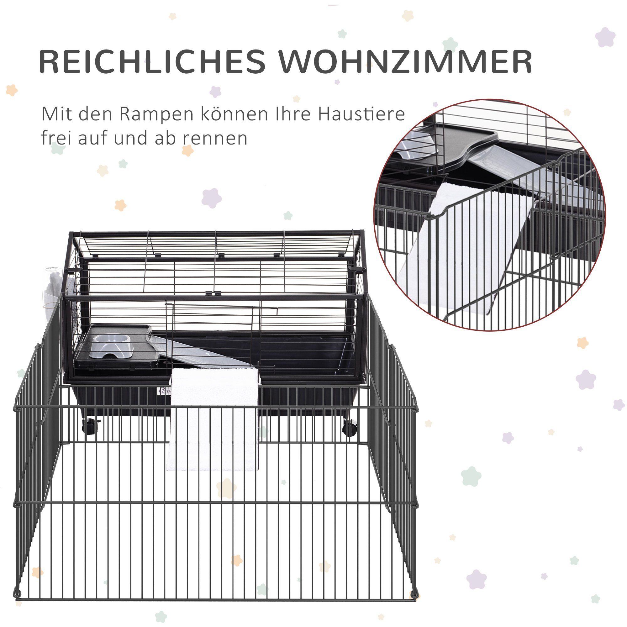 PawHut Kleintierkäfig mit Freigehege inkl. Zubehör 4 Rollen Kleintier mit Garten Metall, 88L x 128.5B x 56H cm