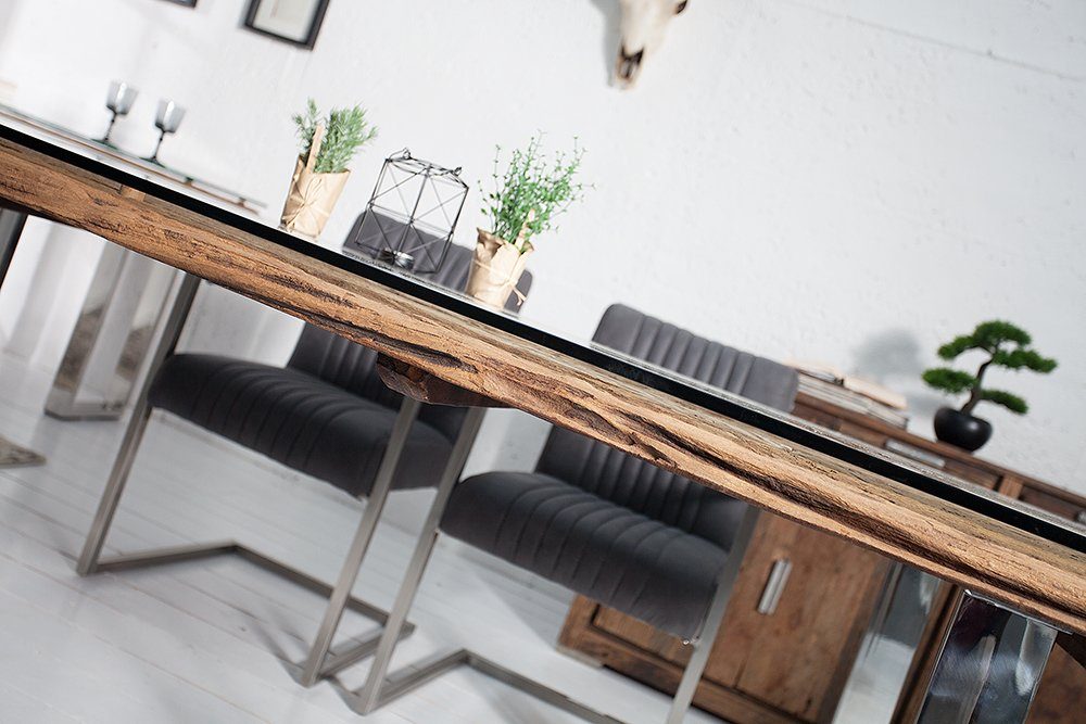 riess-ambiente Esstisch BARRACUDA 180cm natur / transparent, Esszimmer · Massivholz · Edelstahl · Glas · Kufen · Design