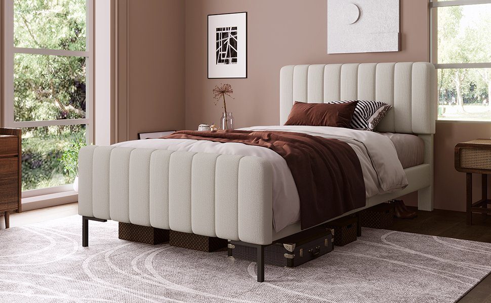 WISHDOR Polsterbett Einzelbett Stauraumbett Bett (90 x 200 cm Beige ohne Matratze), Bettgestell mit Lattenrost und Verstellbares Kopfteil