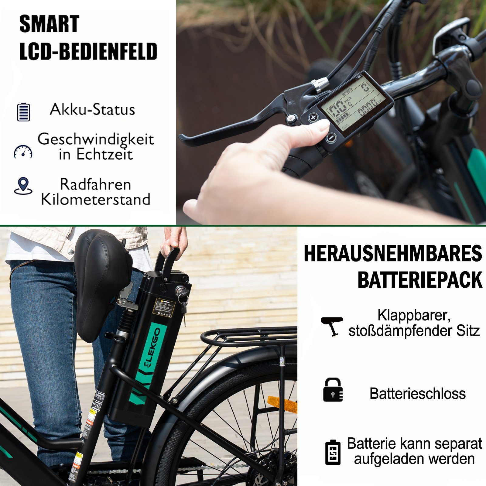 Evercross E-Bike E-fahrräder ELEKGO EG08S 26 Zoll Elektro-cityrad, 1 Gang, Heckmotor, 36V 8.4AH Lion-akku, Mit Batterieschloss Range 35-70km E-cityrad