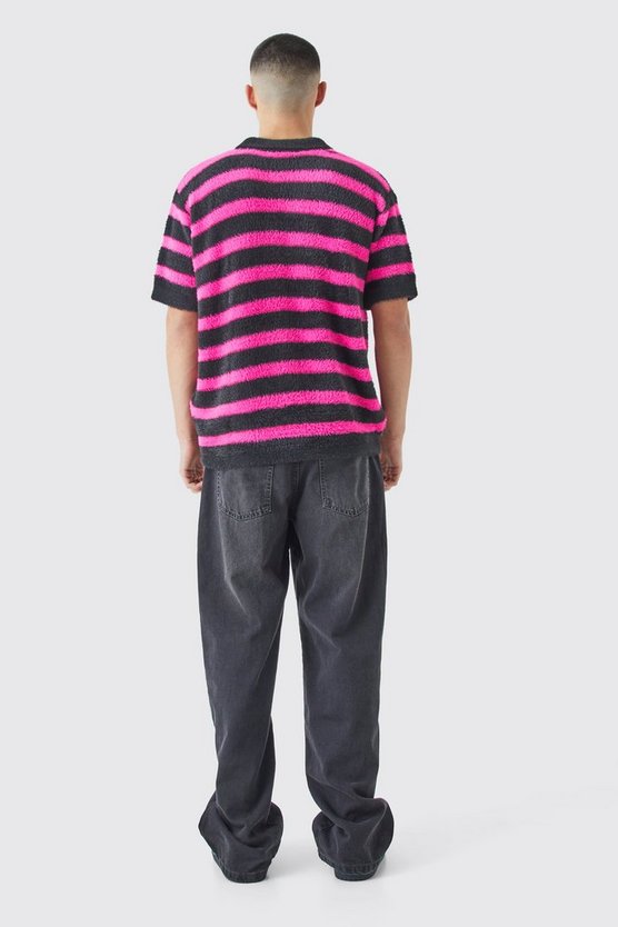 Flauschiges gestreiftes Oversize Poloshirt