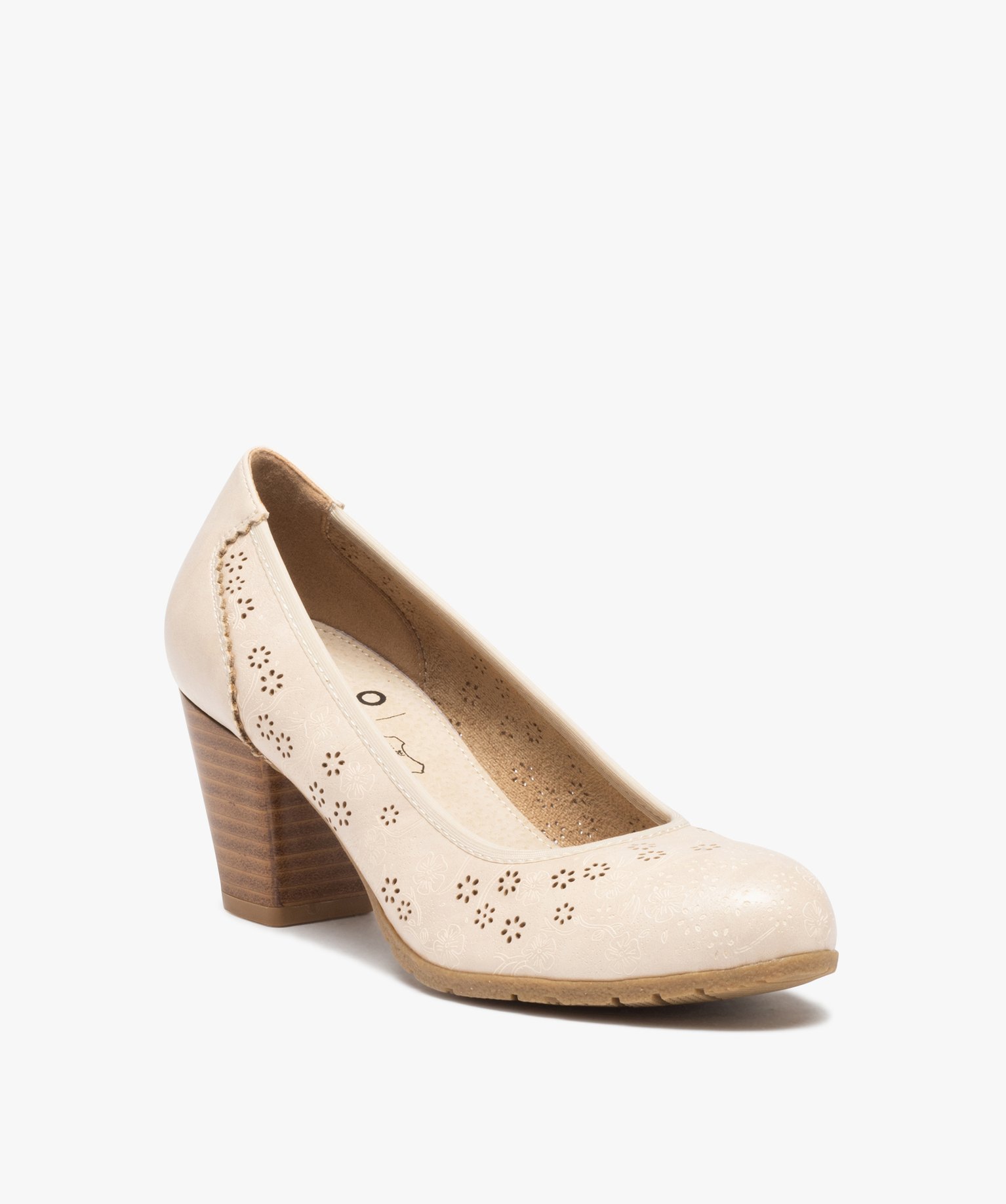 Escarpins femme dessus ajouré et talon rainuré beige | GEMO