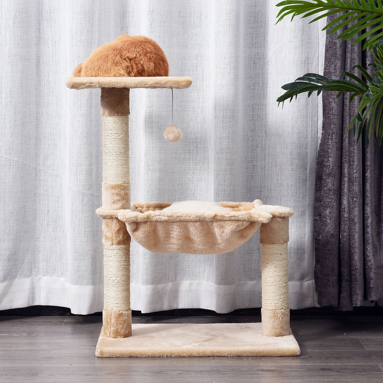 PawHut Kletterbaum Katzenbaum Kratzbaum mit Sisalsäule Plüsch-Hängematte Spanplatte Beige 50 x 36 x 70 cm