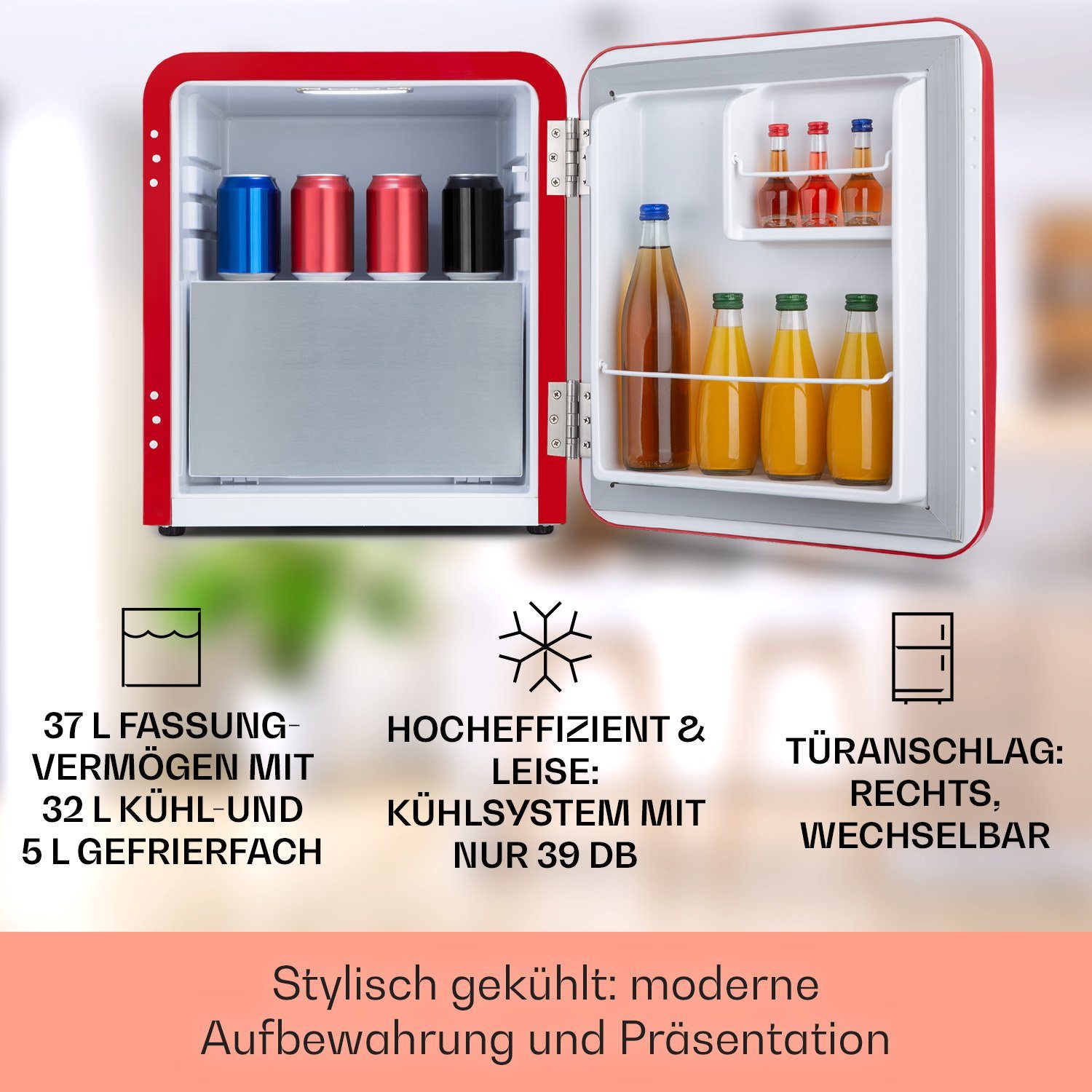 Klarstein Table Top Kühlschrank HEA13-Audrey-rot 10035311A, 50 cm hoch, 44 cm breit, Hausbar Minikühlschrank mit Gefrierfach Getränkekühlschrank klein