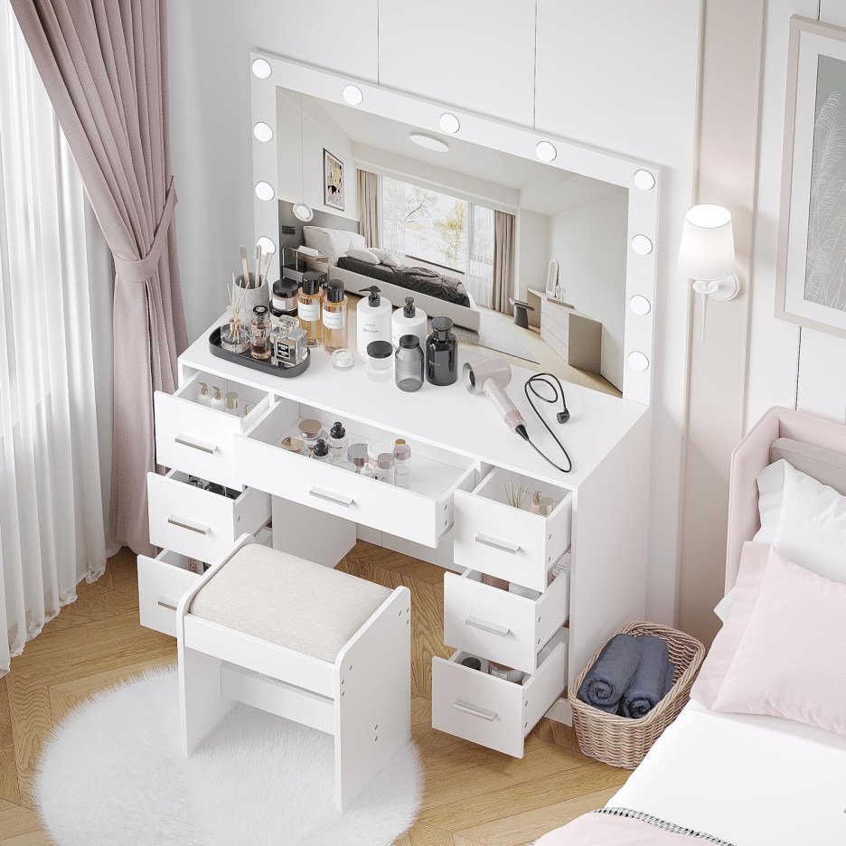 Dressing table with stool, dressing table with illuminated mirror, 3 color lighting modes, adjustable brightness, dressing table