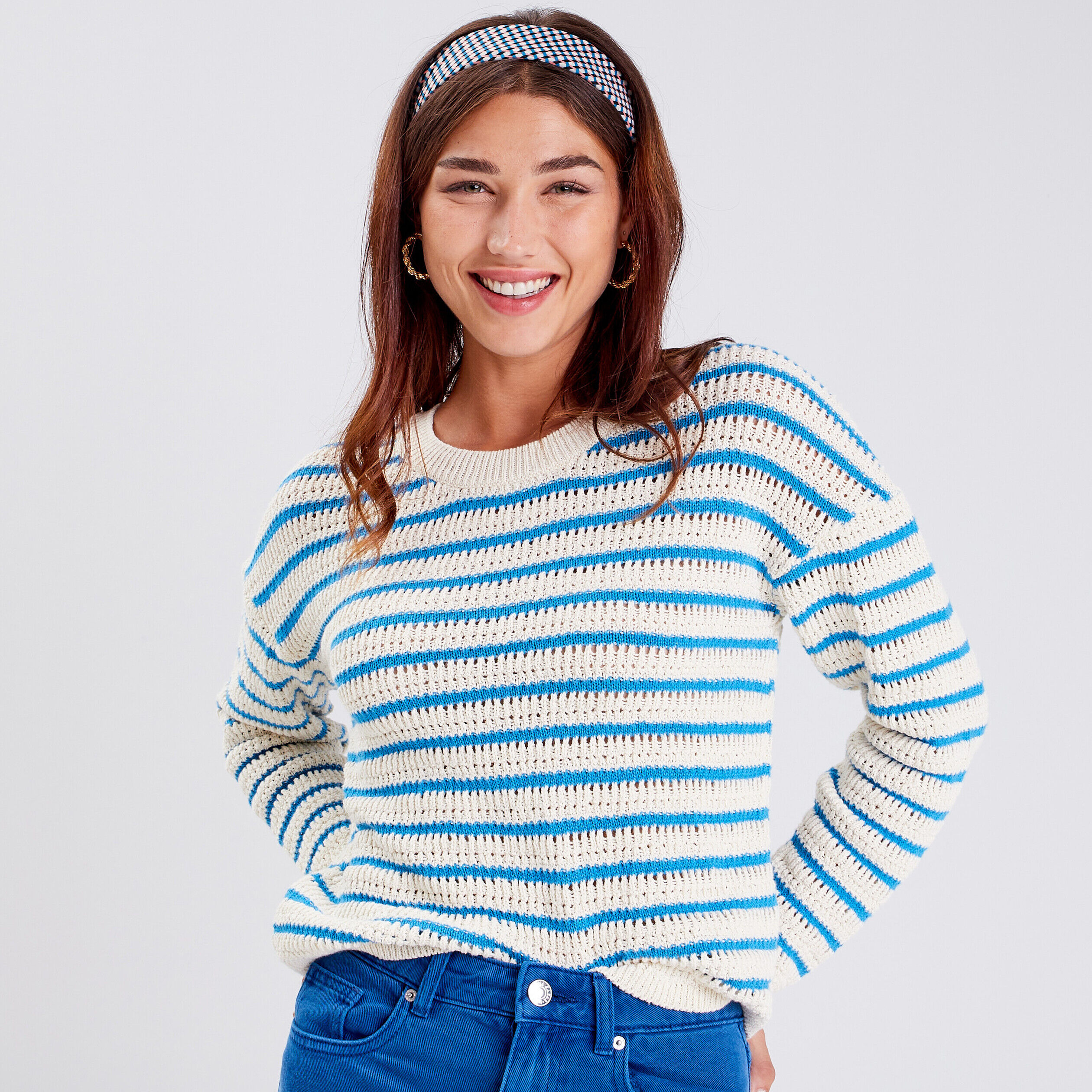 Pull manches longues ajouré bleu femme | Cache Cache